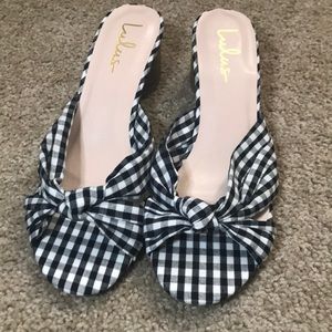 BLACK AND WHITE GINGHAM MULES